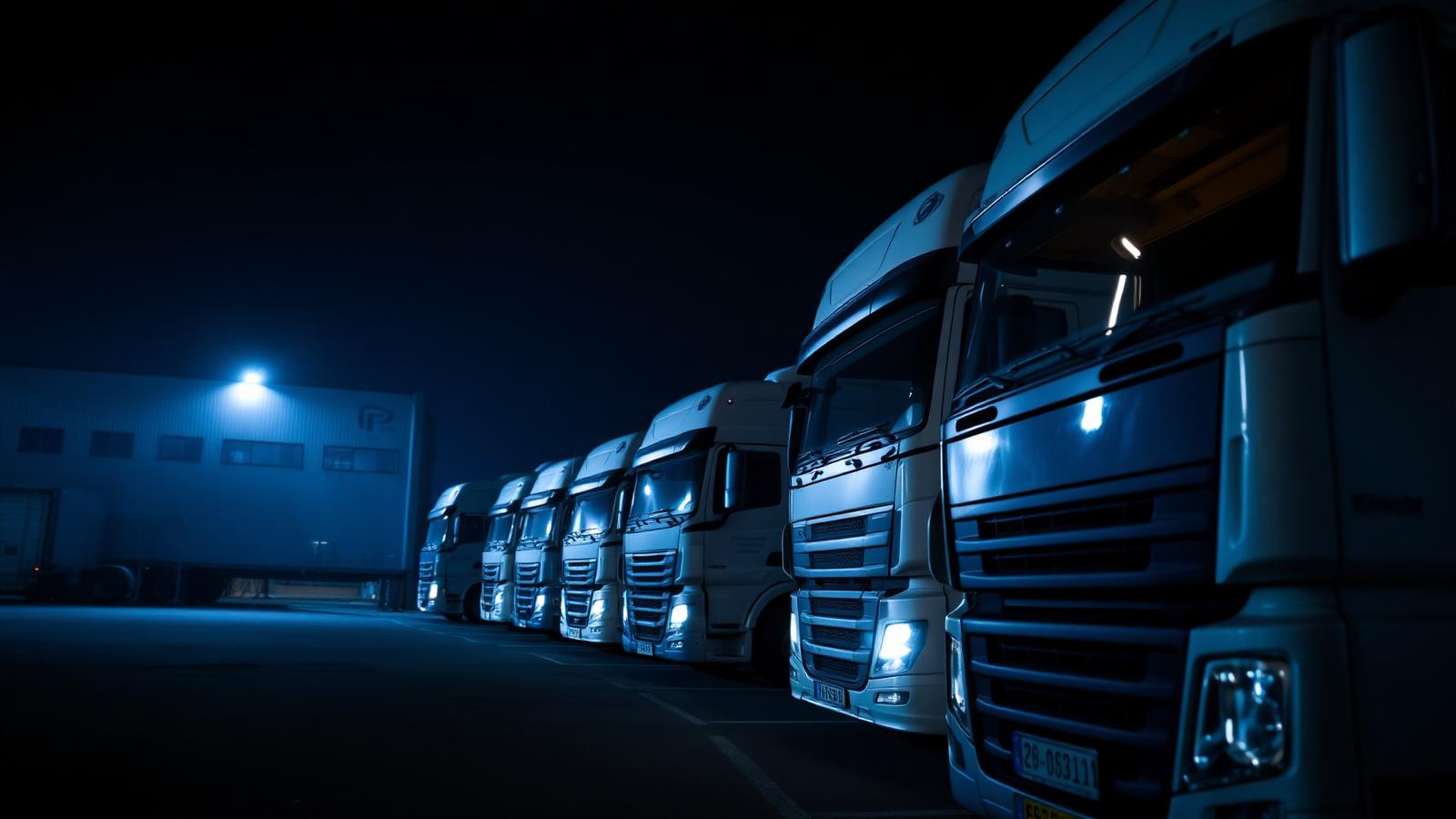 Row of European trucks at an EVL depot at night