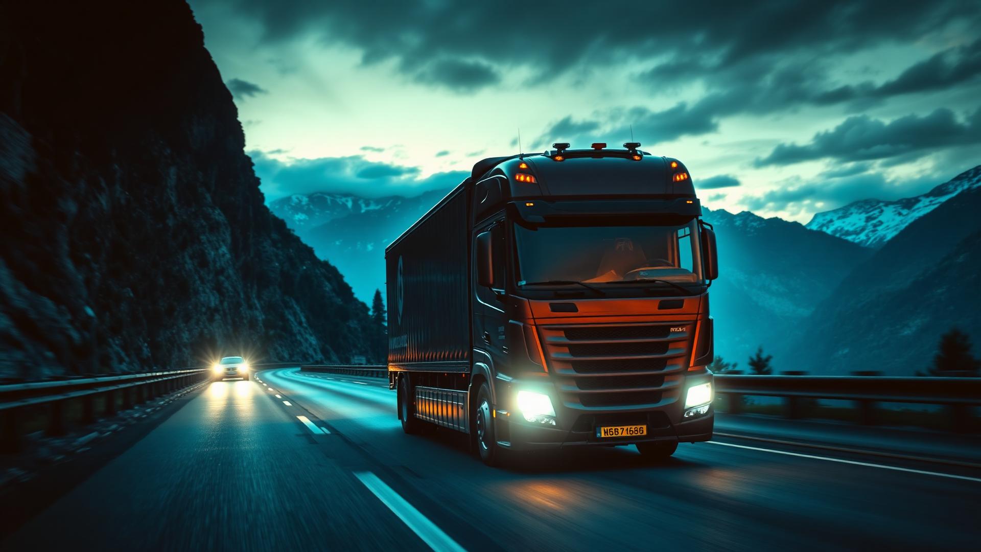 EVL truck driving through European mountains at dusk